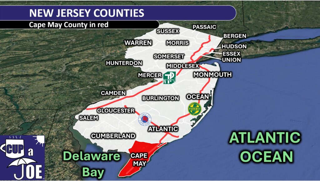 Map of New Jersey with Cape May County highlighted. 