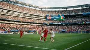 Norwegian soccer player dribbling ball while two defenders from opposing team try to block him at MetLife Stadium